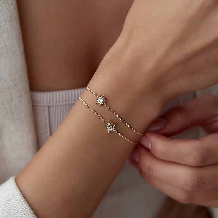 14k Gold Star and Sun Double Bracelet, 14k Solid Gold Bracelet, Gold Bracelet for women, Solid Gold Bracelet