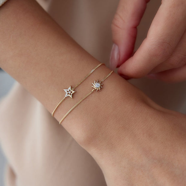 14k Gold Star and Sun Double Bracelet, 14k Solid Gold Bracelet, Gold Bracelet for women, Solid Gold Bracelet
