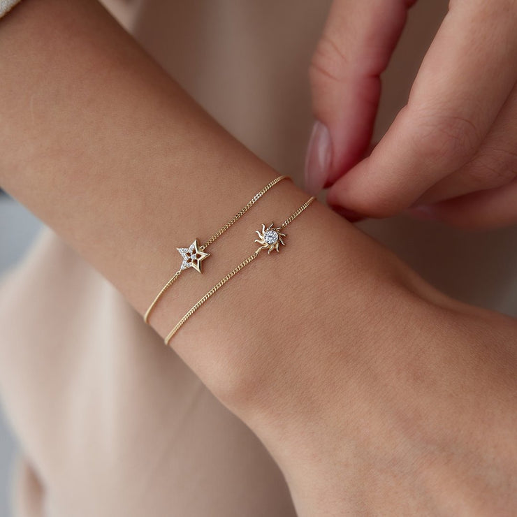 14k Gold Star and Sun Double Bracelet, 14k Solid Gold Bracelet, Gold Bracelet for women, Solid Gold Bracelet