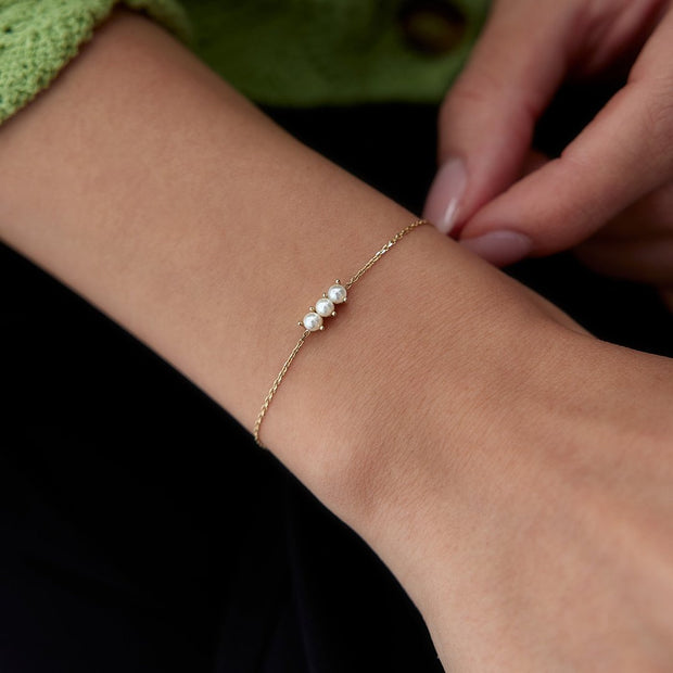 14k Gold Tria Pearl Bracelet, 14k Solid Gold Bracelet, Gold Bracelet for women, Solid Gold Bracelet