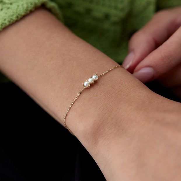 14k Gold Tria Pearl Bracelet, 14k Solid Gold Bracelet, Gold Bracelet for women, Solid Gold Bracelet