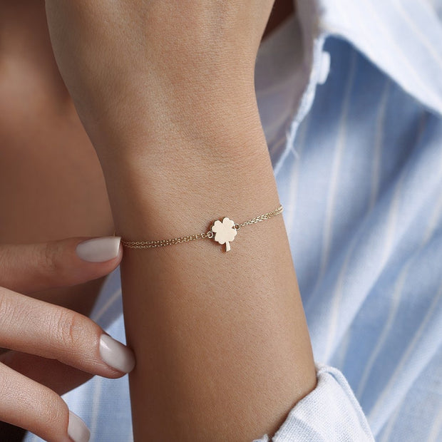 14k Gold Flat Clover Bracelet, 14k Solid Gold Bracelet, Gold Bracelet for women, Solid Gold Bracelet