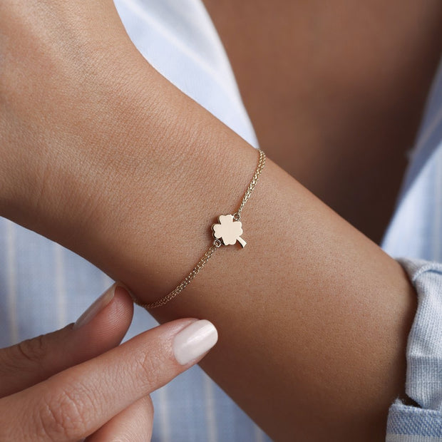 14k Gold Flat Clover Bracelet, 14k Solid Gold Bracelet, Gold Bracelet for women, Solid Gold Bracelet