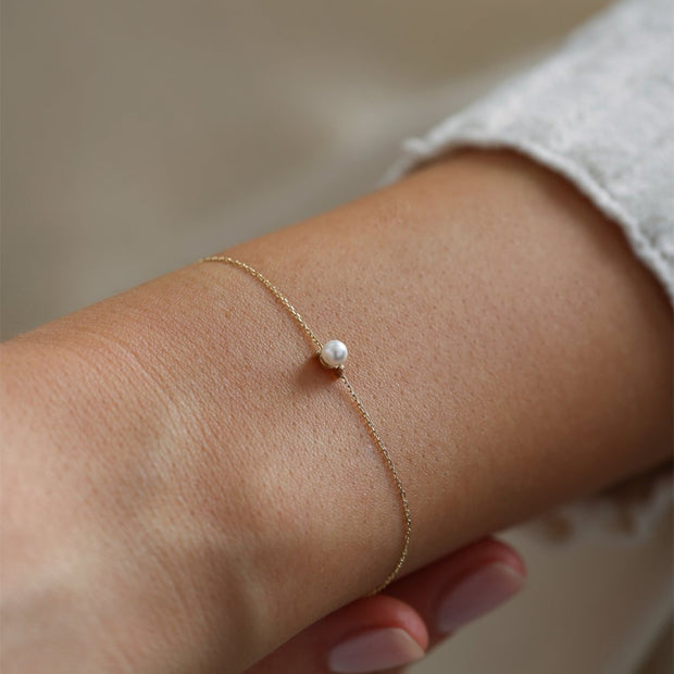 14k Gold Single Pearl Bracelet, 14k Solid Gold Bracelet, Gold Bracelet for women, Solid Gold Bracelet