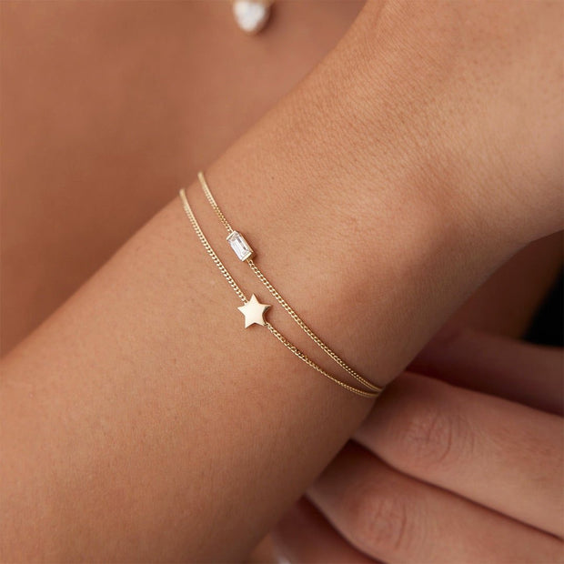 14k Gold Baguette Star Double Bracelet, 14k Solid Gold Bracelet, Gold Bracelet for women, Solid Gold Bracelet