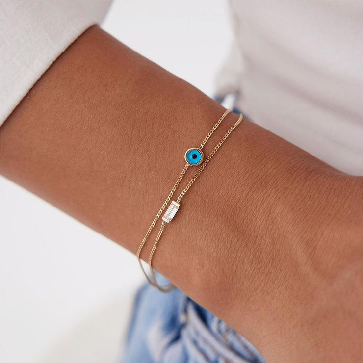 14k Gold Baguette Eye Double Bracelet, 14k Solid Gold Bracelet, Gold Bracelet for women, Solid Gold Bracelet
