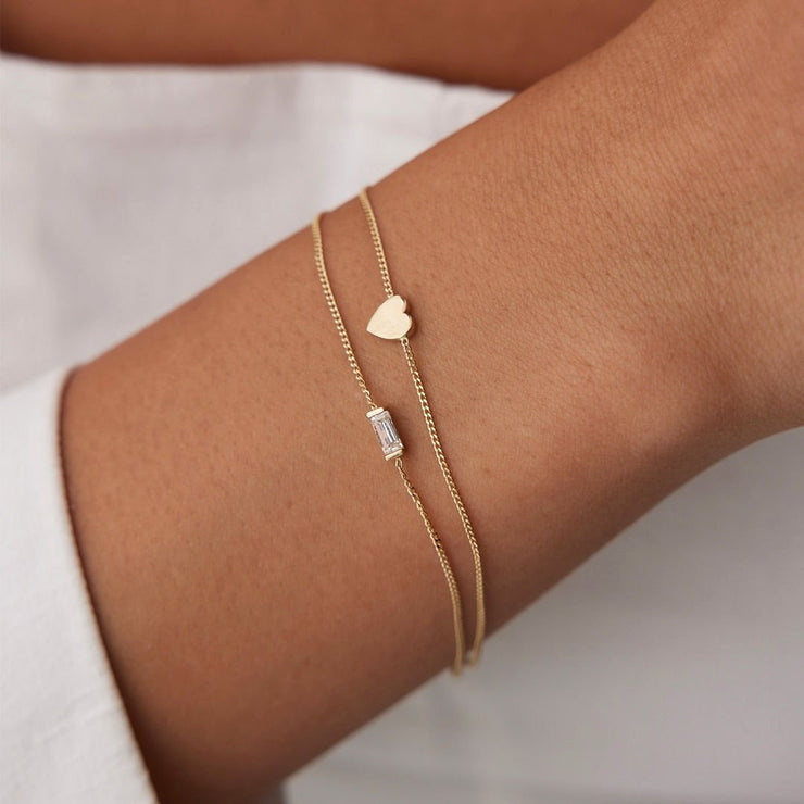 14k Gold Baguette Heart Double Bracelet, 14k Solid Gold Bracelet, Gold Bracelet for women, Solid Gold Bracelet
