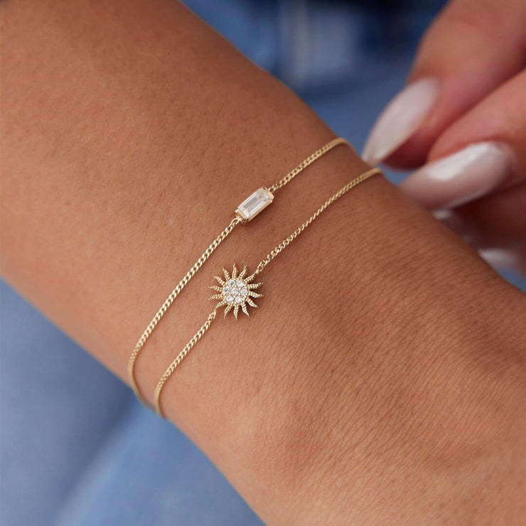 14k Gold Baguette Sun Double Bracelet, 14k Solid Gold Bracelet, Gold Bracelet for women, Solid Gold Bracelet