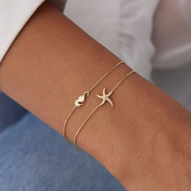 14k Gold Sea Horse Star Double Bracelet, 14k Solid Gold Bracelet, Gold Bracelet for women, Solid Gold Bracelet