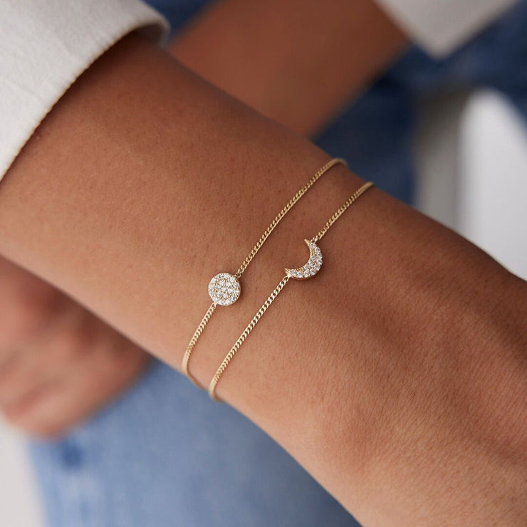 14k Gold Circle Moon Double Bracelet, 14k Solid Gold Bracelet, Gold Bracelet for women, Solid Gold Bracelet
