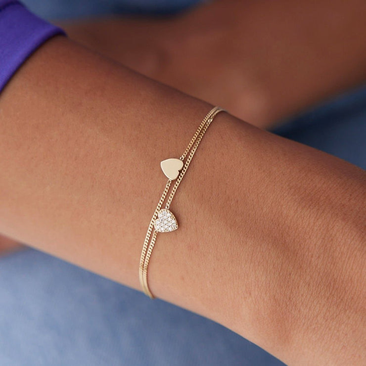 14k Gold Stone Plate Heart Double Bracelet, 14k Solid Gold Bracelet, Gold Bracelet for women, Solid Gold Bracelet
