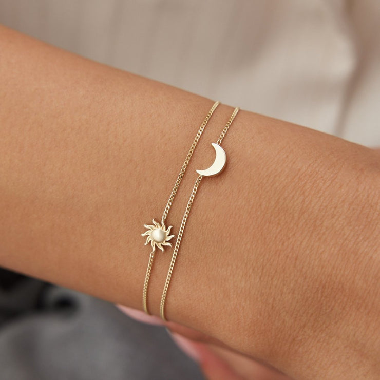 14k Gold Sun and Moon Double Bracelet, 14k Solid Gold Bracelet, Gold Bracelet for women, Solid Gold Bracelet