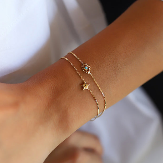 14k Gold Eyelash Star Double Bracelet, 14k Solid Gold Bracelet, Gold Bracelet for women, Solid Gold Bracelet