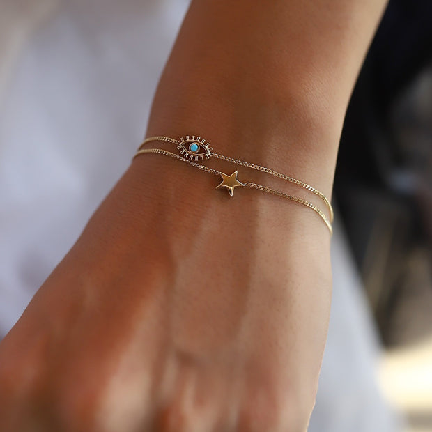 14k Gold Eyelash Star Double Bracelet, 14k Solid Gold Bracelet, Gold Bracelet for women, Solid Gold Bracelet