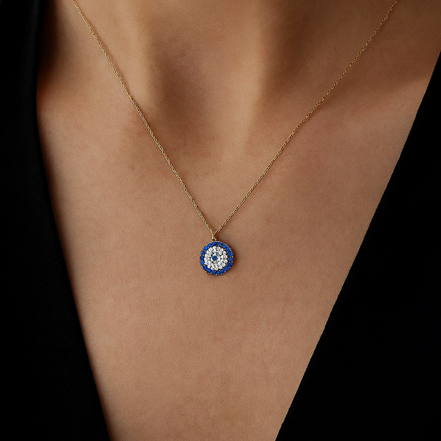Evil Eye Necklace with Pave CZ - 14k Solid Gold