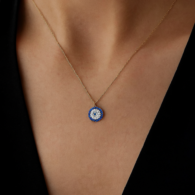 Evil Eye Necklace with Pave CZ - 14k Solid Gold