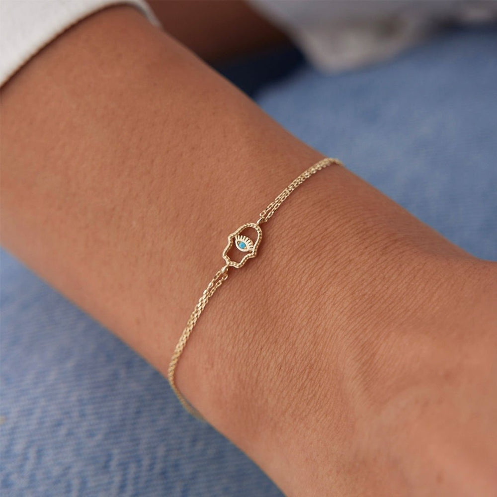 14k Gold,Hamse Evil Eye Bracelet, 14k Gold Fatma's Hand Eyelash Bracelet, 14k Solid Gold Bracelet, Gold Bracelet for women, Solid Gold Bracelet