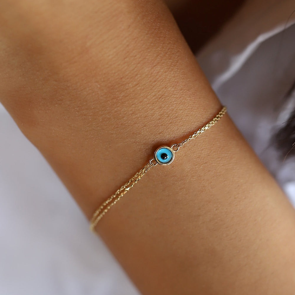 Delicate 14k Solid Gold Evil Eye Double Chain Bracelet 14k Solid Gold Bracelet, Gold Bracelet for women, Solid Gold Bracelet