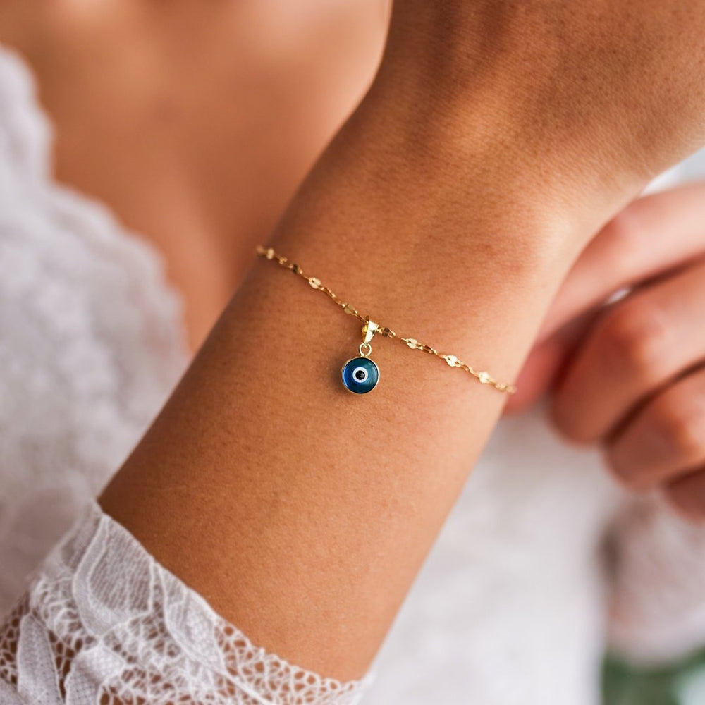 Everyday 14k Gold Evil Eye Lip Chain Bracelet, 14k Solid Gold Bracelet, Gold Bracelet for women, Solid Gold Bracelet