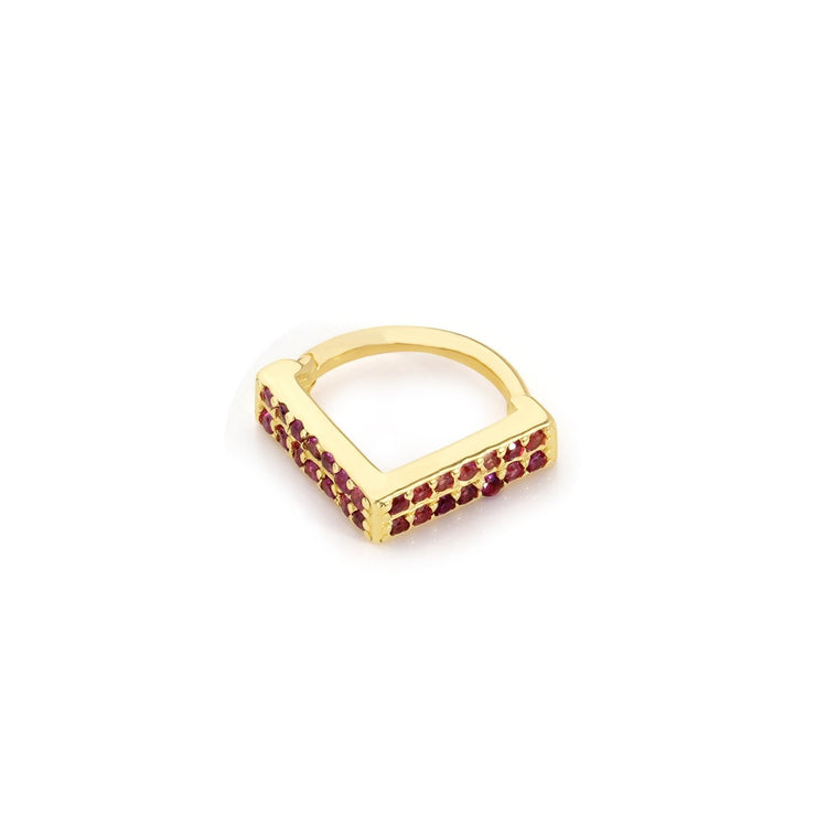 14k Gold V Shape Double Row Red Stone Helix Piercing