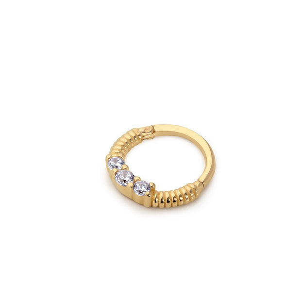 14k Gold White Stone Helix Piercing with Engraving Detail