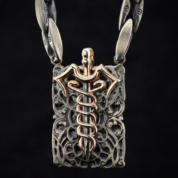 Men's Sterling Silver and Solid Gold Medicine Symbol Caduceus Necklace