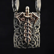 Men's Sterling Silver and Solid Gold Medicine Symbol Caduceus Necklace