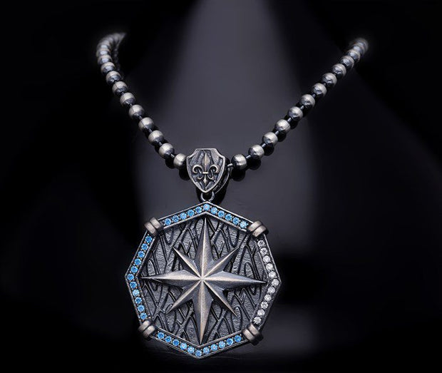 Men’s Sterling Silver Compass Octagonal Medallion Necklace