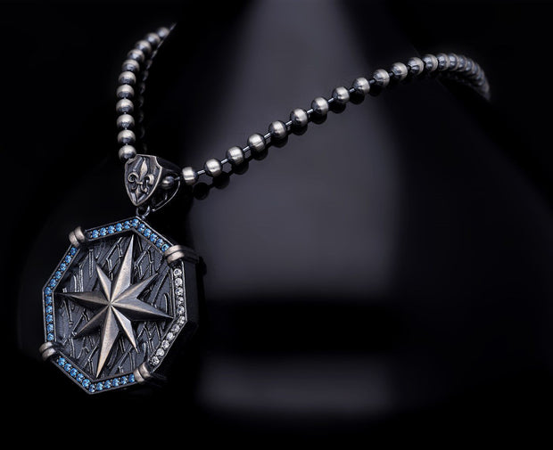 Men’s Sterling Silver Compass Octagonal Medallion Necklace