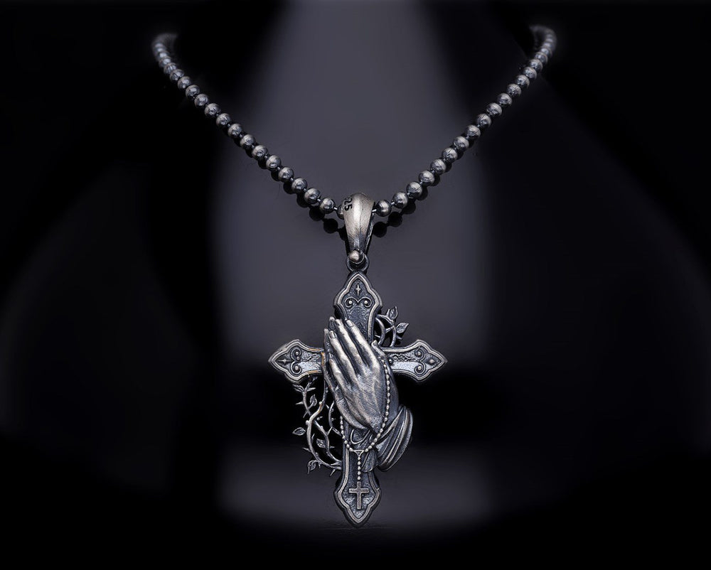 Men’s Sterling Silver Praying Hand Crown Necklace