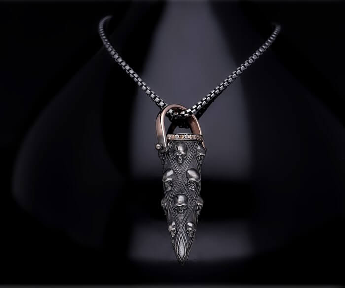 Men’s Sterling Silver Skull Detail Bullet Necklace