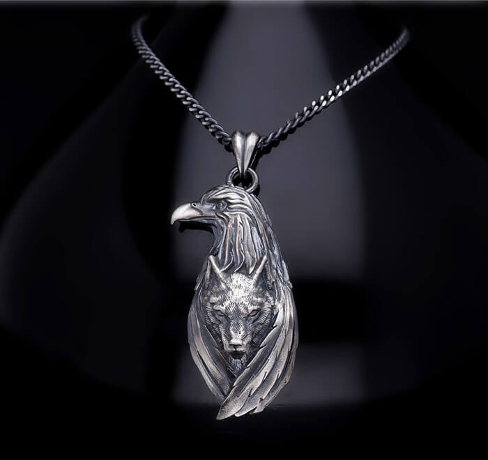 Men’s Sterling Silver Eagle Wolf Necklace