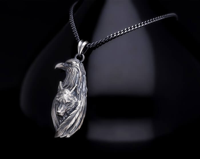 Men’s Sterling Silver Eagle Wolf Necklace