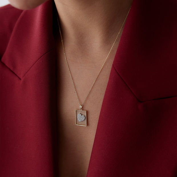 14k Gold Rectangle Grid Heart Necklace