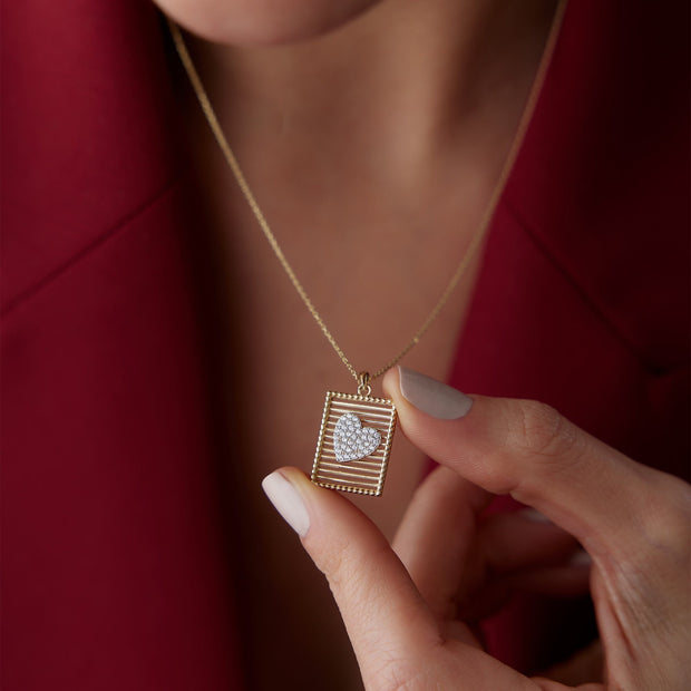 14k Gold Rectangle Grid Heart Necklace