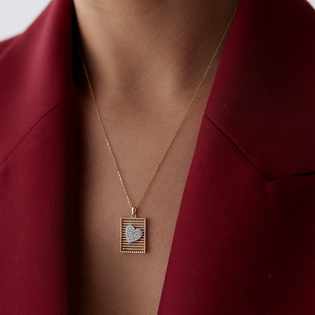 14k Gold Rectangle Grid Heart Necklace