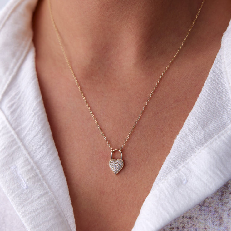 14k Gold Stone Lock Heart Necklace