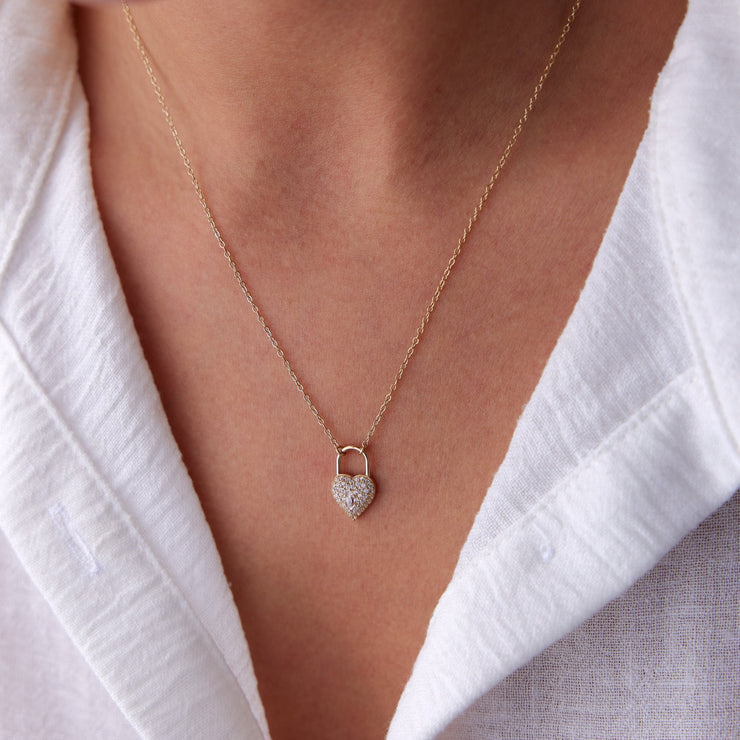 14k Gold Stone Lock Heart Necklace