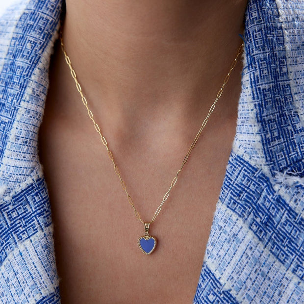 14k Gold Paperclip Chain Blue Heart Necklace