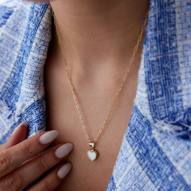 14k Gold White Heart Necklace on Paperclip Chain