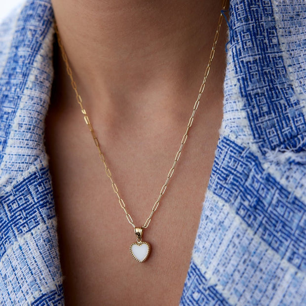 14k Gold White Heart Necklace on Paperclip Chain