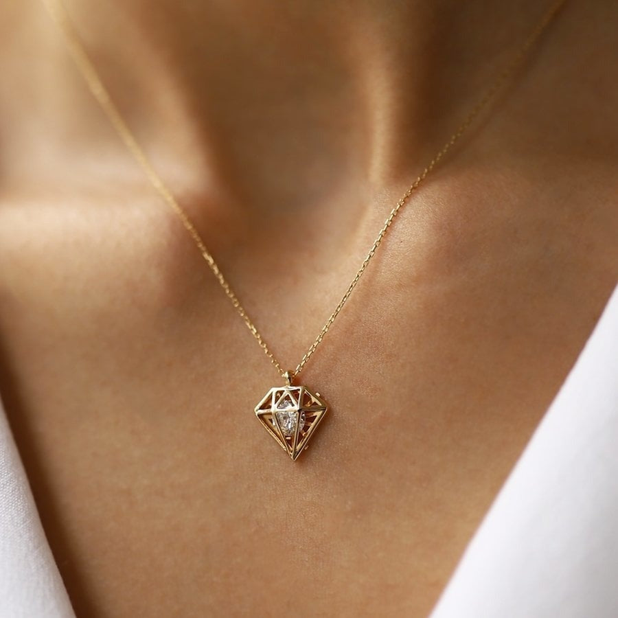 gold necklace, 14k gold necklace, necklace, 14k Gold Diamond Model Necklace