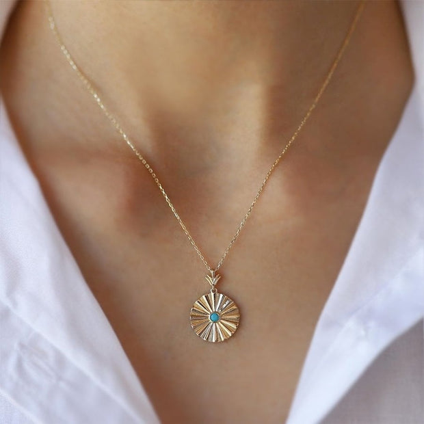 gold necklace, 14k gold necklace, necklace, 14k Gold Turquoise Fan Necklace