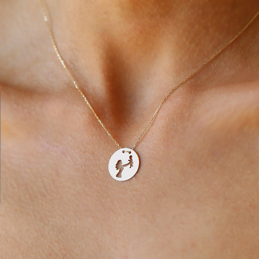 gold necklace, 14k gold necklace, necklace, 14k Gold Plate Mother Child Necklace