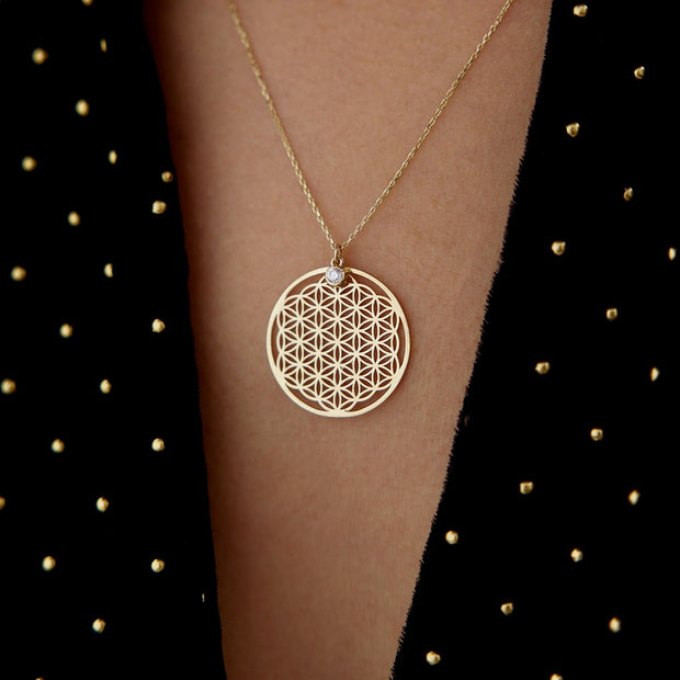 gold necklace, 14k gold necklace, necklace, 14k Gold Solitaire Flower of Life Necklace