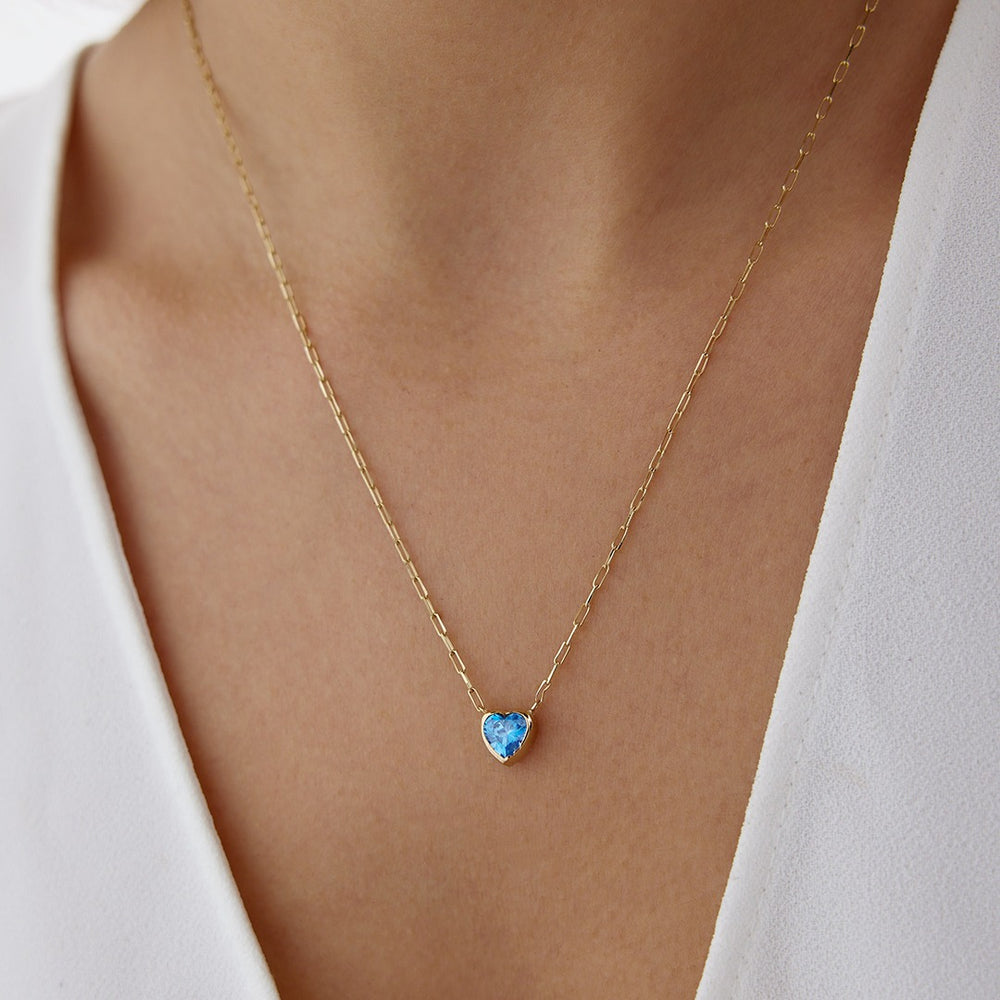14k Gold Blue CZ Heart Necklace