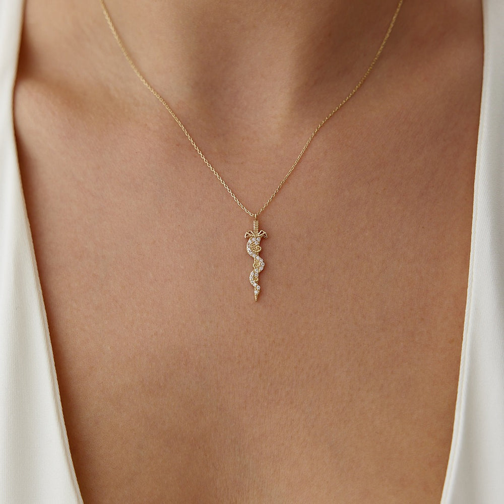 gold necklace, 14k gold necklace, necklace, 14k Gold Serpent Sword Necklace