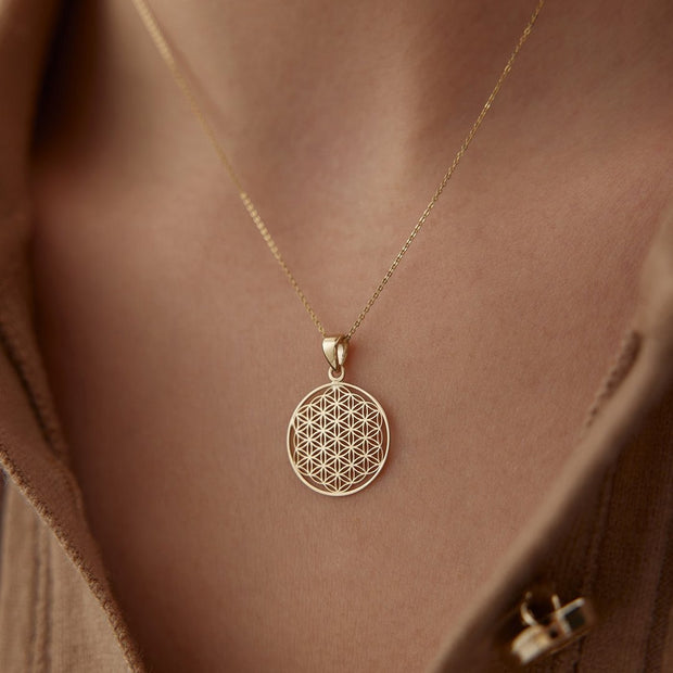 gold necklace, 14k gold necklace, necklace, 14k Gold Flower of Life Necklace