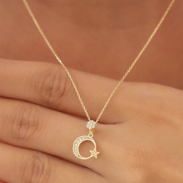 gold necklace, 14k gold necklace, necklace, 14k Gold Crescent Star Necklace
