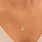 gold necklace, 14k gold necklace, necklace, 14k Gold Crescent Star Necklace